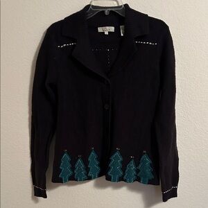 Elegant Black Cardigan with Teal Tree Design